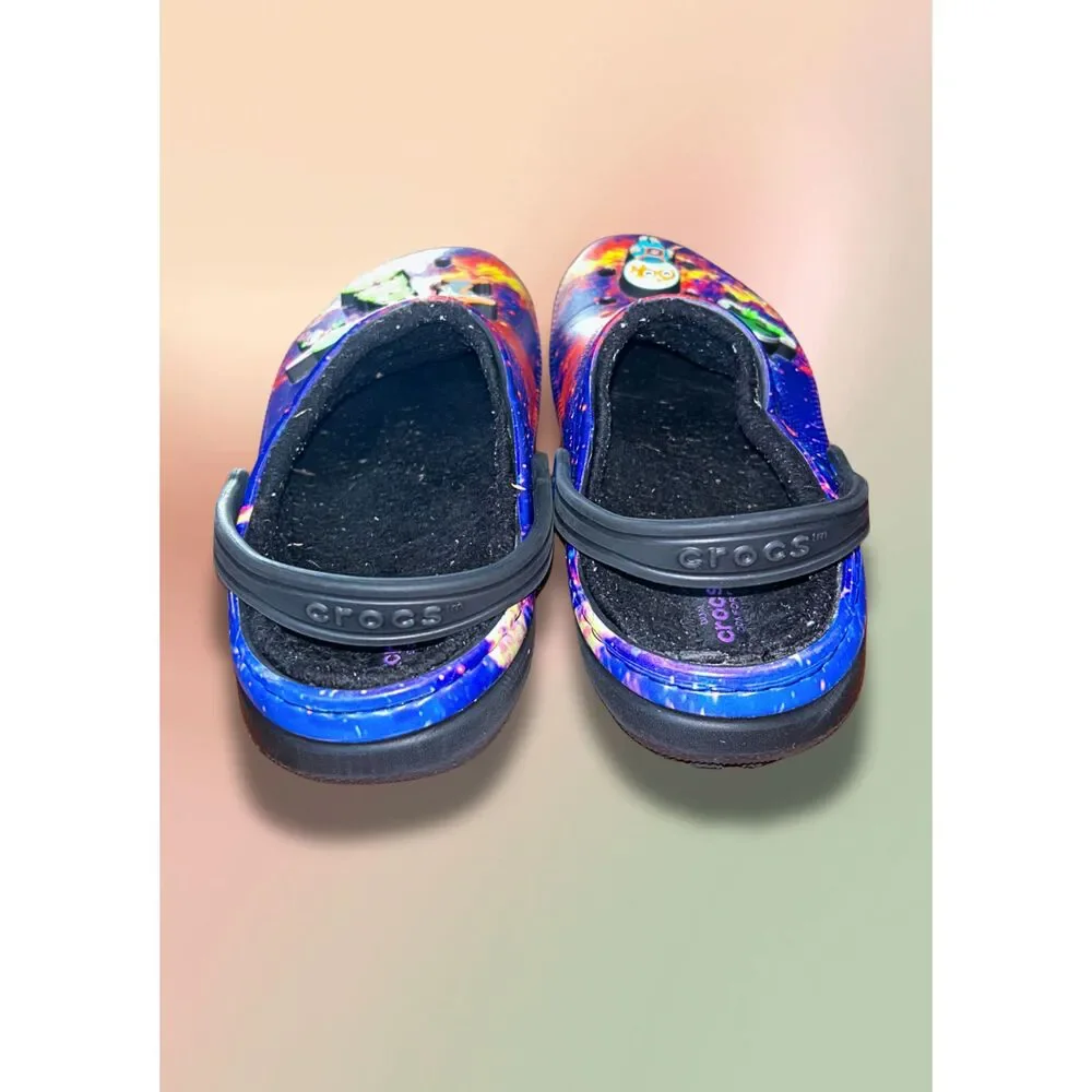 Crocs Classic Lined Galaxy Space Alien Clogs Kids J5 Blue Purple Black w Jibbitz